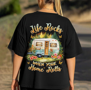 Life Rocks When Your Home Rolls T-Shirt – Vintage Camper RV Graphic Tee, Cute Travel Trailer Shirt for Camping & Road Trip Lovers