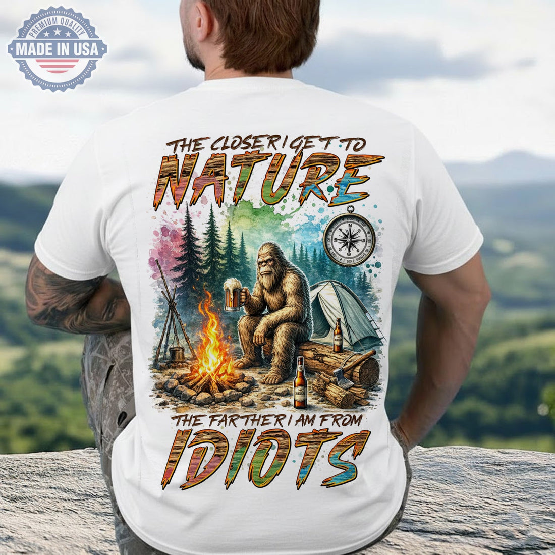 The Closer I Get To Nature Bigfoot Campfire T-Shirt, Sasquatch Beer Camping Graphic Tee, Funny Anti Social Outdoor Shirt