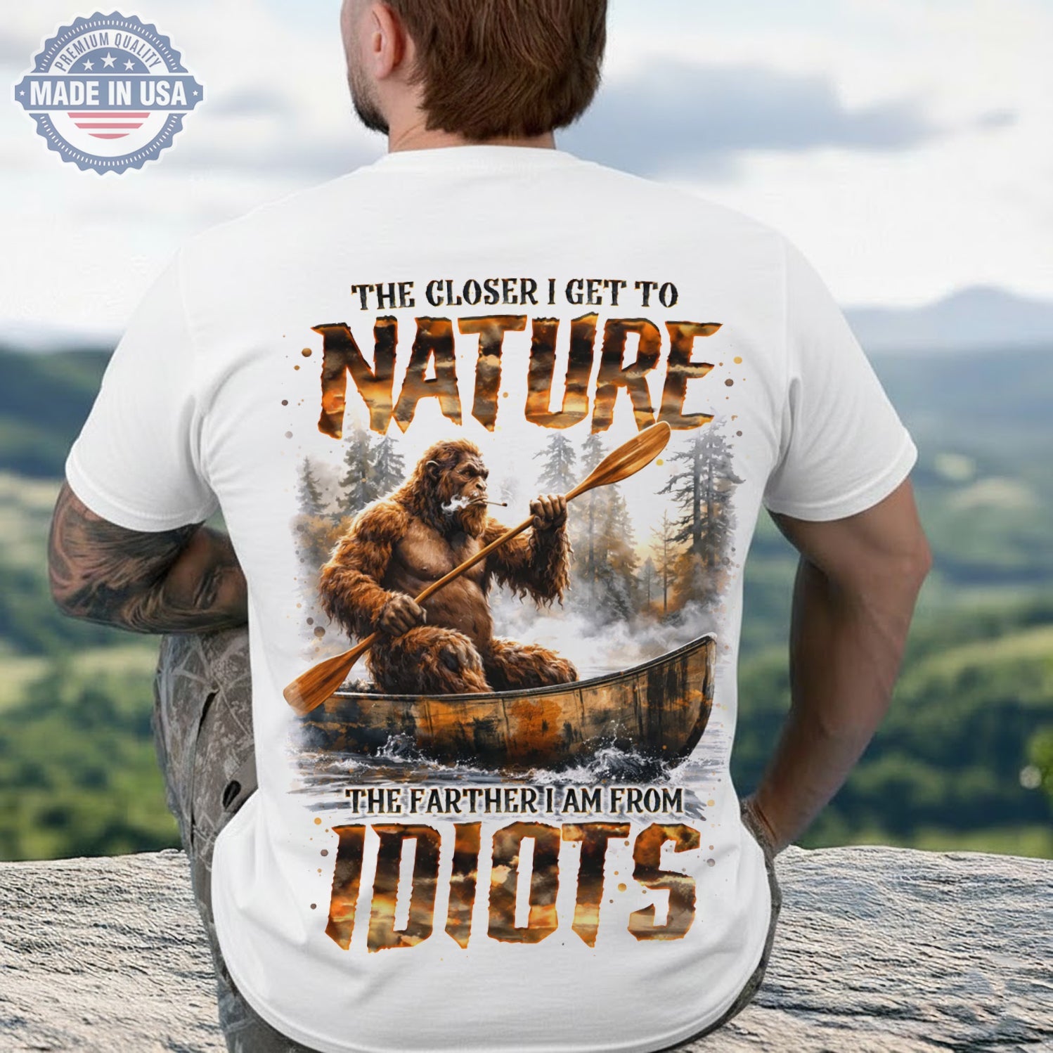 The Closer I Get To Nature Bigfoot Canoe T-Shirt, Sasquatch River Adventure Graphic Tee, Funny Anti Social Outdoor Nature Shirt