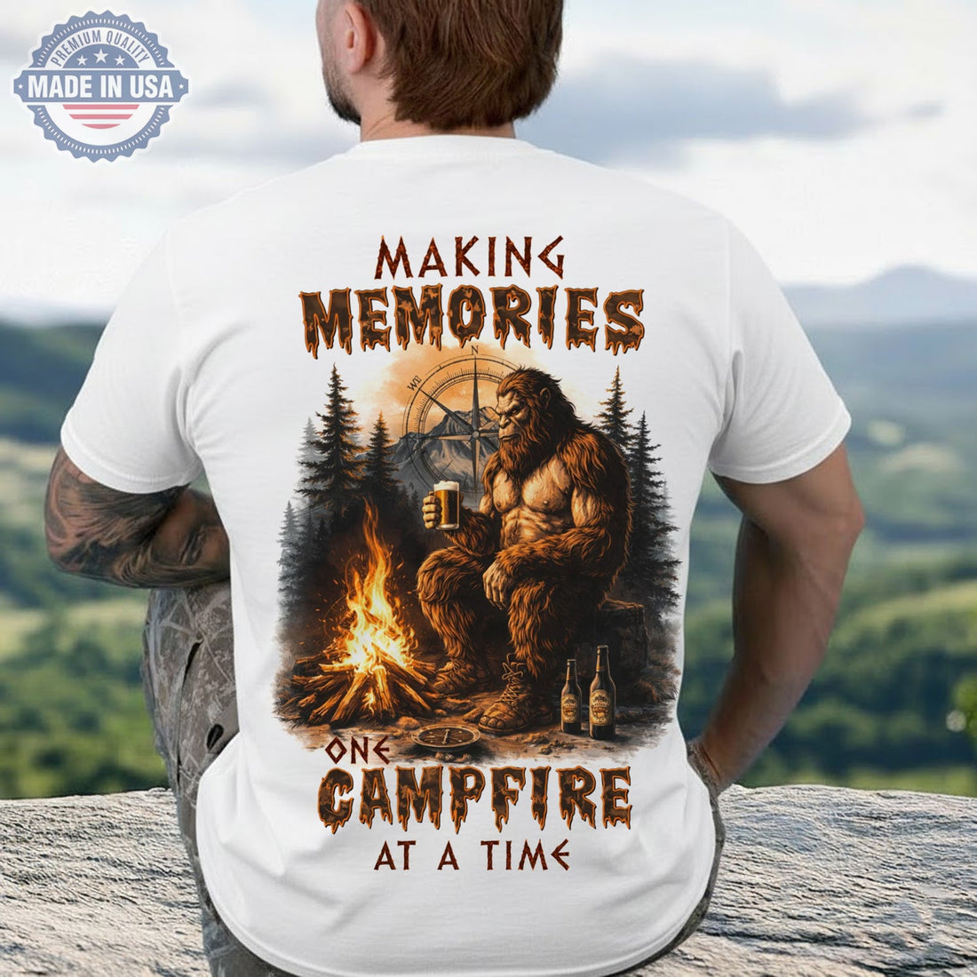 Making Memories Campfire T-Shirt – Bigfoot Beer Camping Graphic Tee, Rustic Sasquatch Outdoor Adventure Shirt, Nature Lover Gift