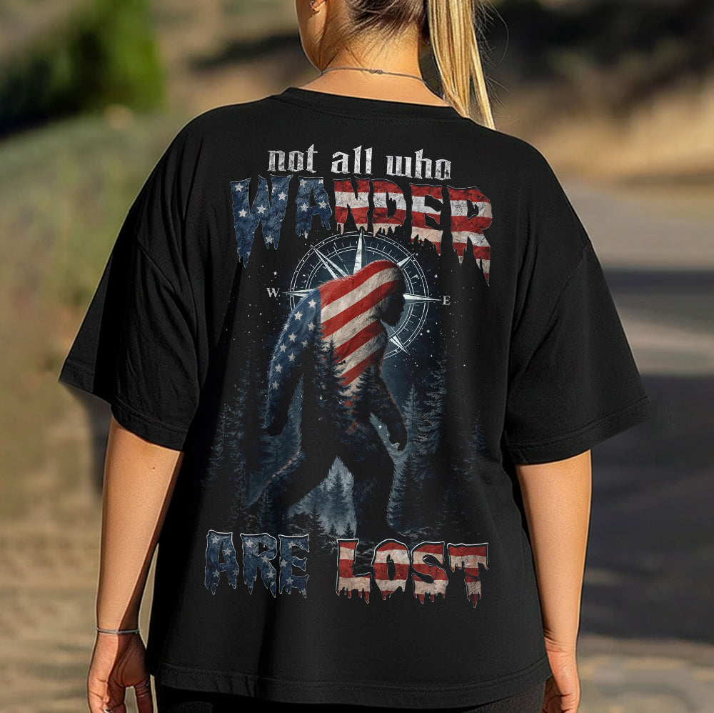 Not All Who Wander Are Lost Bigfoot T-Shirt – Patriotic Sasquatch Wilderness Graphic Tee, American Flag Forest Explorer Shirt, Outdoor Adventure Nature Apparel