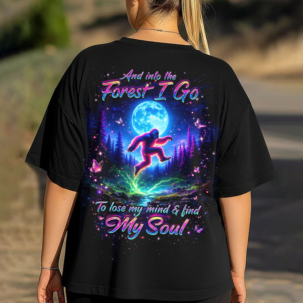 Into the Forest I Go T-Shirt – Psychedelic Bigfoot Moon Graphic Shirt for Nature Lovers, Hiking, Camping & Spiritual Adventure Fans