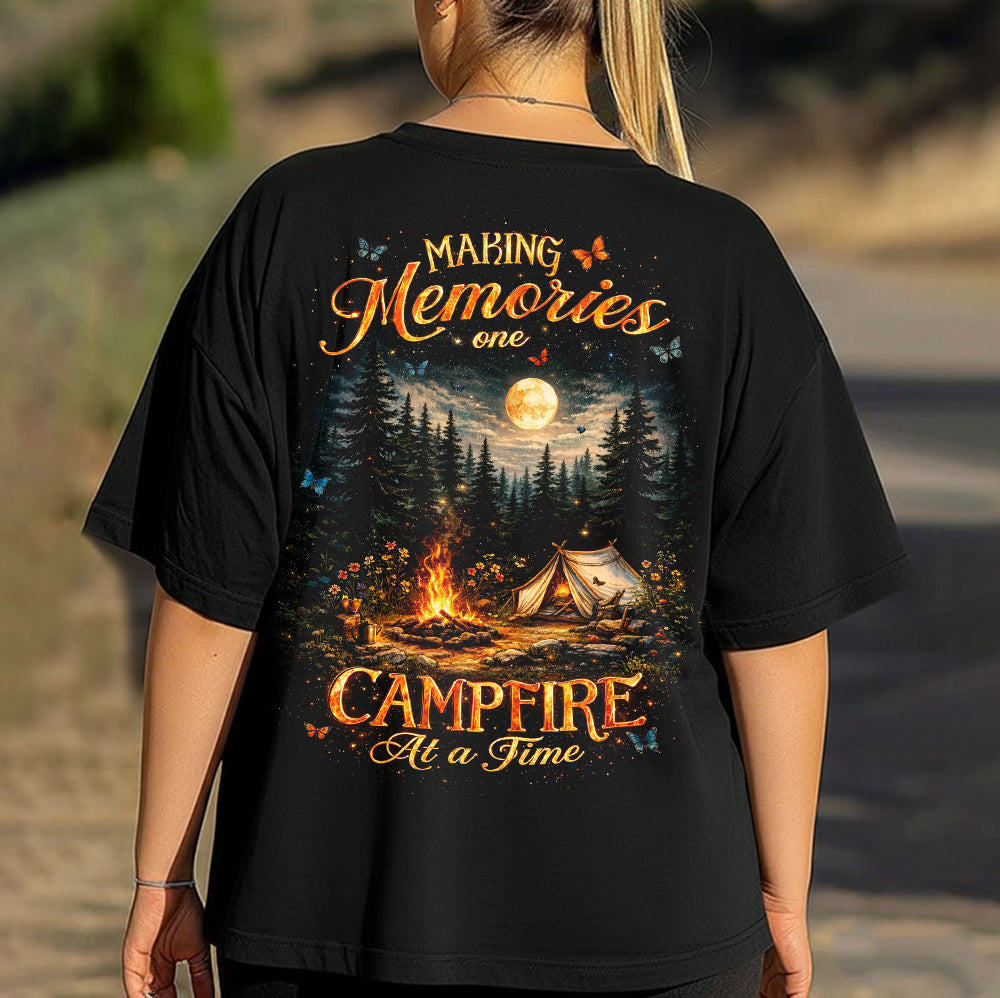 Making Memories One Campfire At A Time Forest Night T-Shirt, Moonlight Tent Campfire Graphic Tee, Cozy Wilderness Camping Shirt for Women