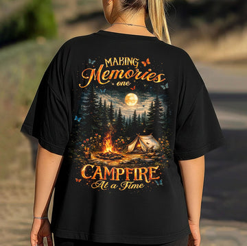 Making Memories One Campfire At A Time Forest Night T-Shirt, Moonlight Tent Campfire Graphic Tee, Cozy Wilderness Camping Shirt for Women