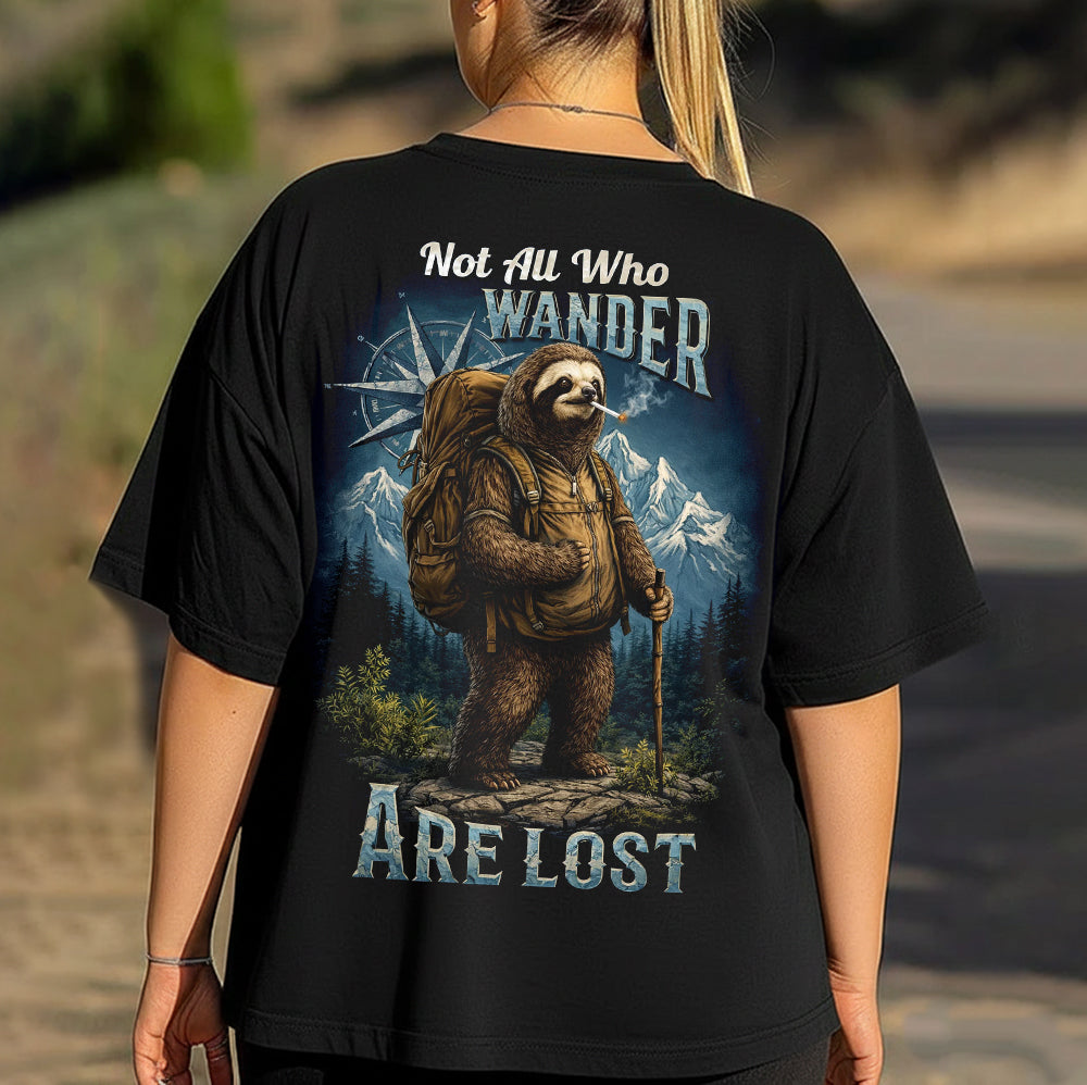 Not All Who Wander Are Lost Sloth Hiking T-Shirt, Adventure Sloth Backpack Graphic Tee, Funny Outdoor Travel Nature Shirt for Men