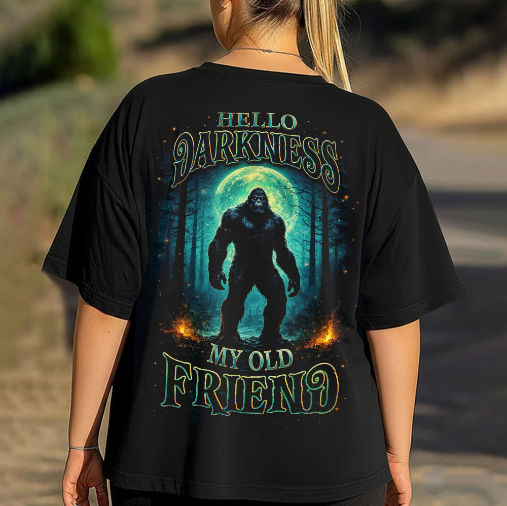 Hello Darkness Bigfoot T-Shirt – Mysterious Sasquatch Moonlit Forest Graphic Tee, Dark Fantasy Wilderness Design Shirt, Cryptid Night Adventure Apparel