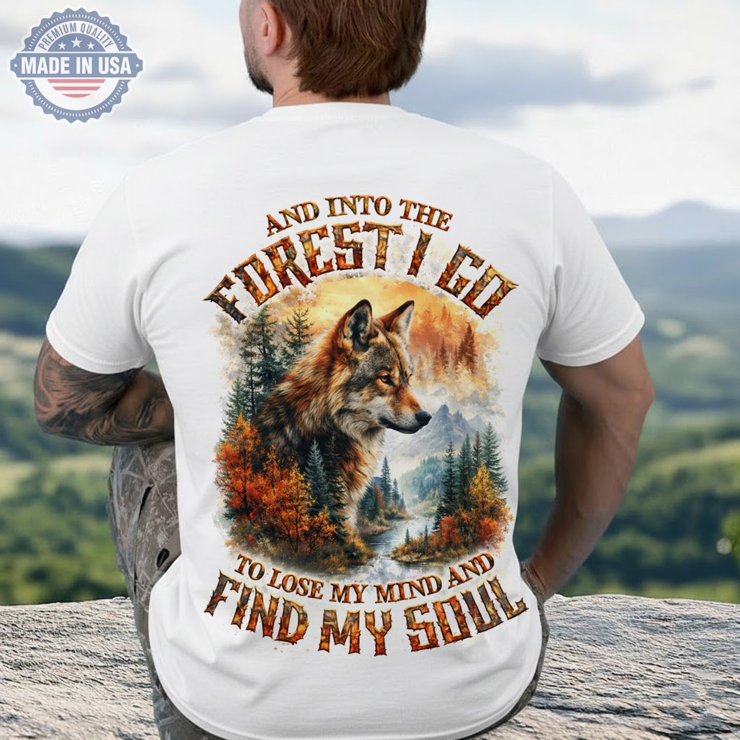 And Into The Forest I Go Wolf T-Shirt, Autumn Wilderness Wolf Landscape Graphic Tee, Nature Soul Adventure Shirt for Men & Women