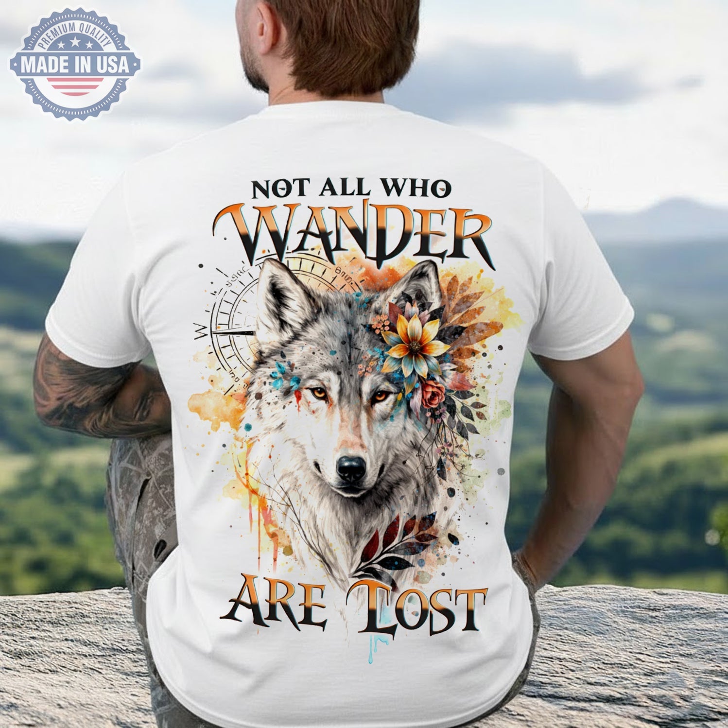 Not All Who Wander Are Lost Wolf T-Shirt, Boho Floral Wolf Compass Graphic Tee, Wilderness Spirit Nature Lover Shirt for Men & Women
