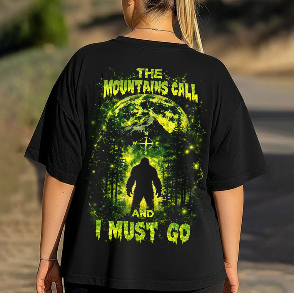 The Mountains Call and I Must Go T-Shirt – Neon Bigfoot Forest Adventure Graphic Shirt for Hikers, Campers & Wilderness Lovers