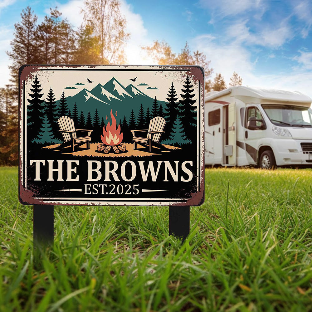 Personalized Family Campfire Sign – Custom Metal Camping Sign – Outdoor Fire Pit Yard Decor