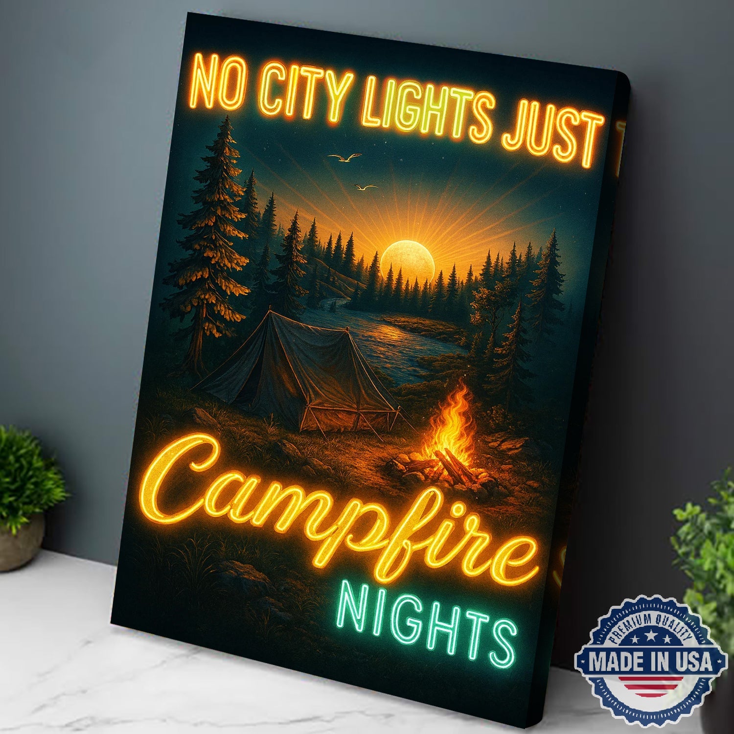 No City Lights Just Campfire Nights Canvas Wall Art – Neon Camping Quote with Forest Lake Sunset, Cozy Outdoor Adventure Home Decor