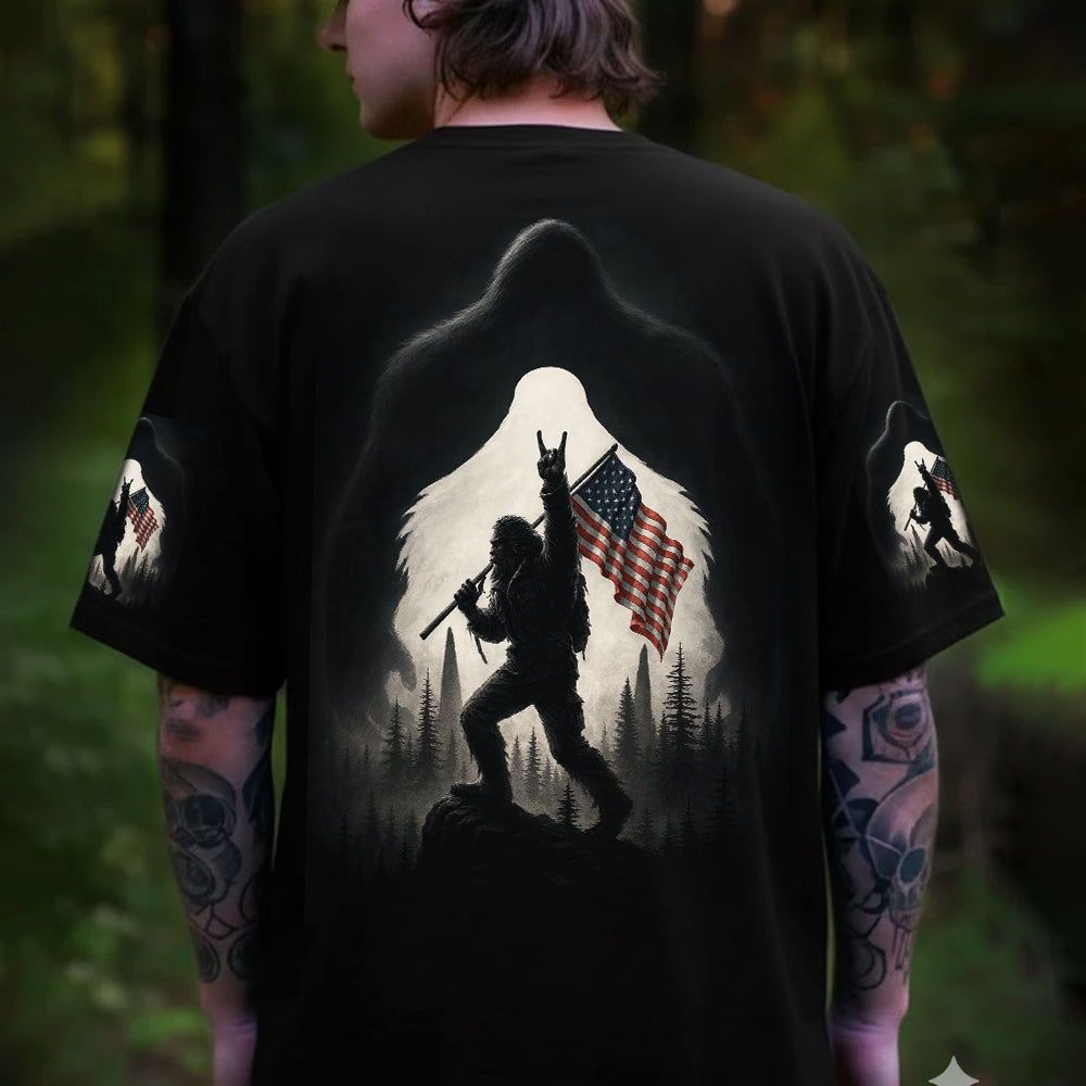 Patriotic Bigfoot T-Shirt – Sasquatch American Flag Forest Graphic Tee, Vintage Outdoor Freedom Apparel