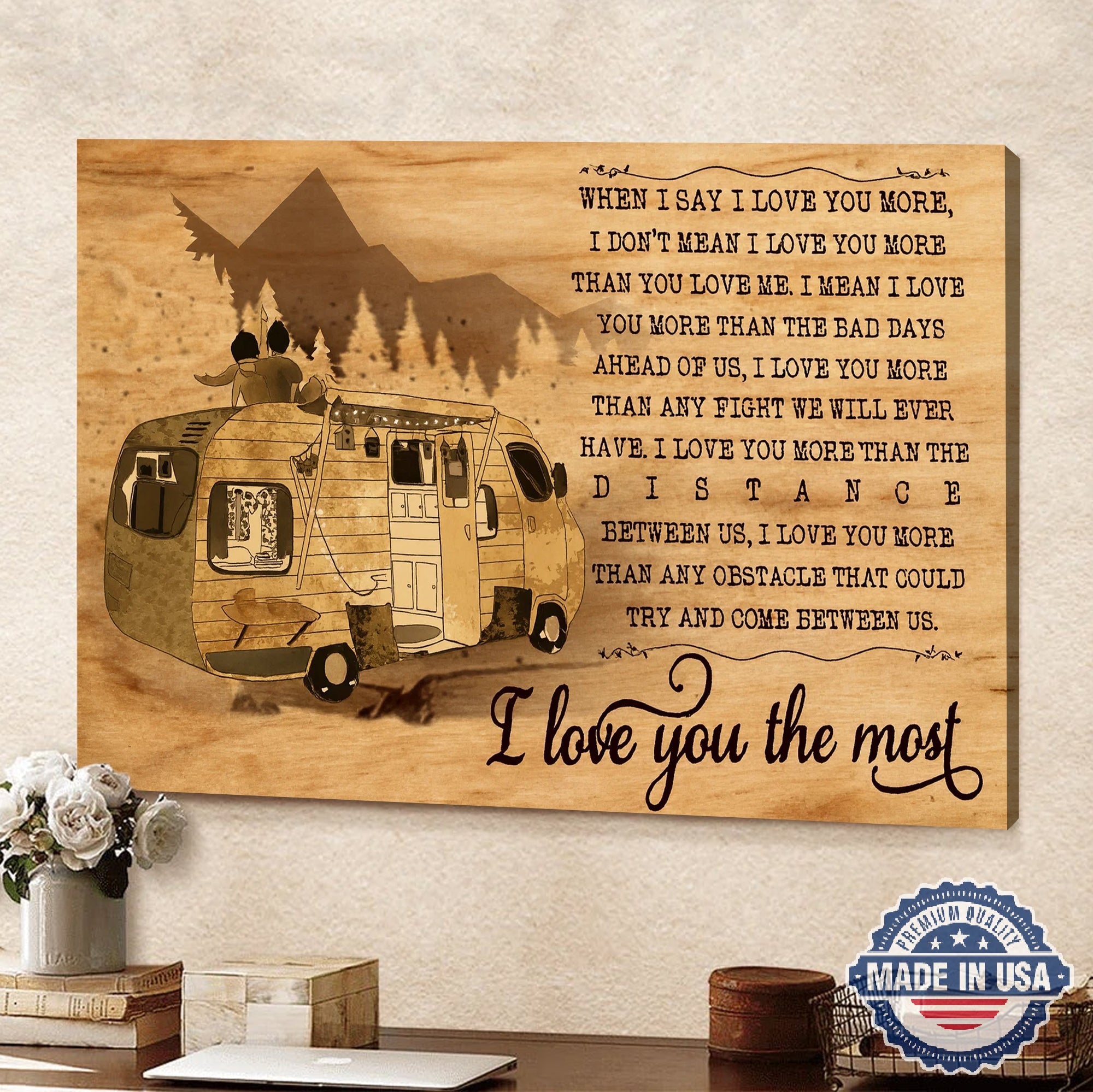 Personalized Camping Love Canvas – Romantic RV Couple Wall Art “I Love You the Most” Rustic Anniversary & Valentine Gift