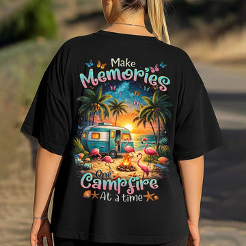 Make Memories One Campfire At A Time Beach Camping T-Shirt, Flamingo RV Sunset Graphic Tee, Summer Coastal Camper Shirt for Women