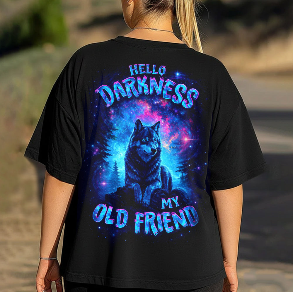 Hello Darkness My Old Friend T-Shirt – Neon Galaxy Wolf Graphic Shirt for Psychedelic Art Lovers, Night Aesthetic & Cosmic Nature Fans