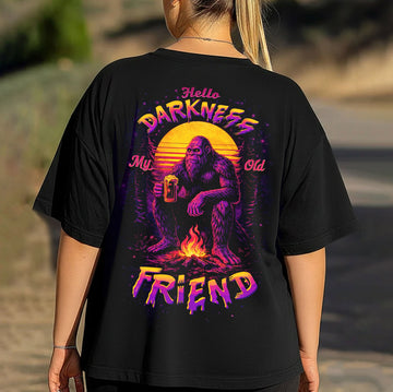Hello Darkness My Old Friend T-Shirt – Retro Bigfoot Campfire Graphic Shirt for Night Campers, Sasquatch Fans & Outdoor Humor Lovers