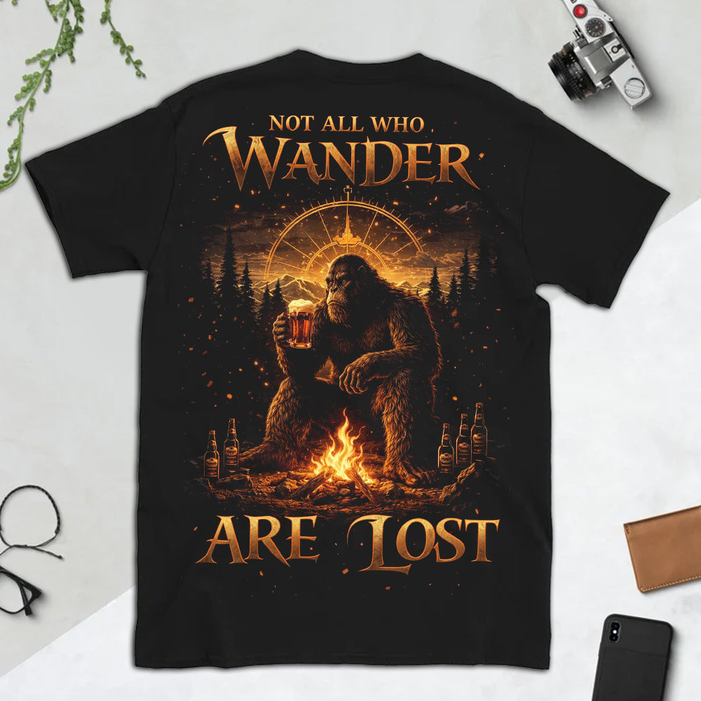 Bigfoot Wander Quote T-Shirt – Sasquatch Campfire Night Graphic Tee, Mystical Forest Adventure Design Shirt, Outdoor Nature Explorer Apparel