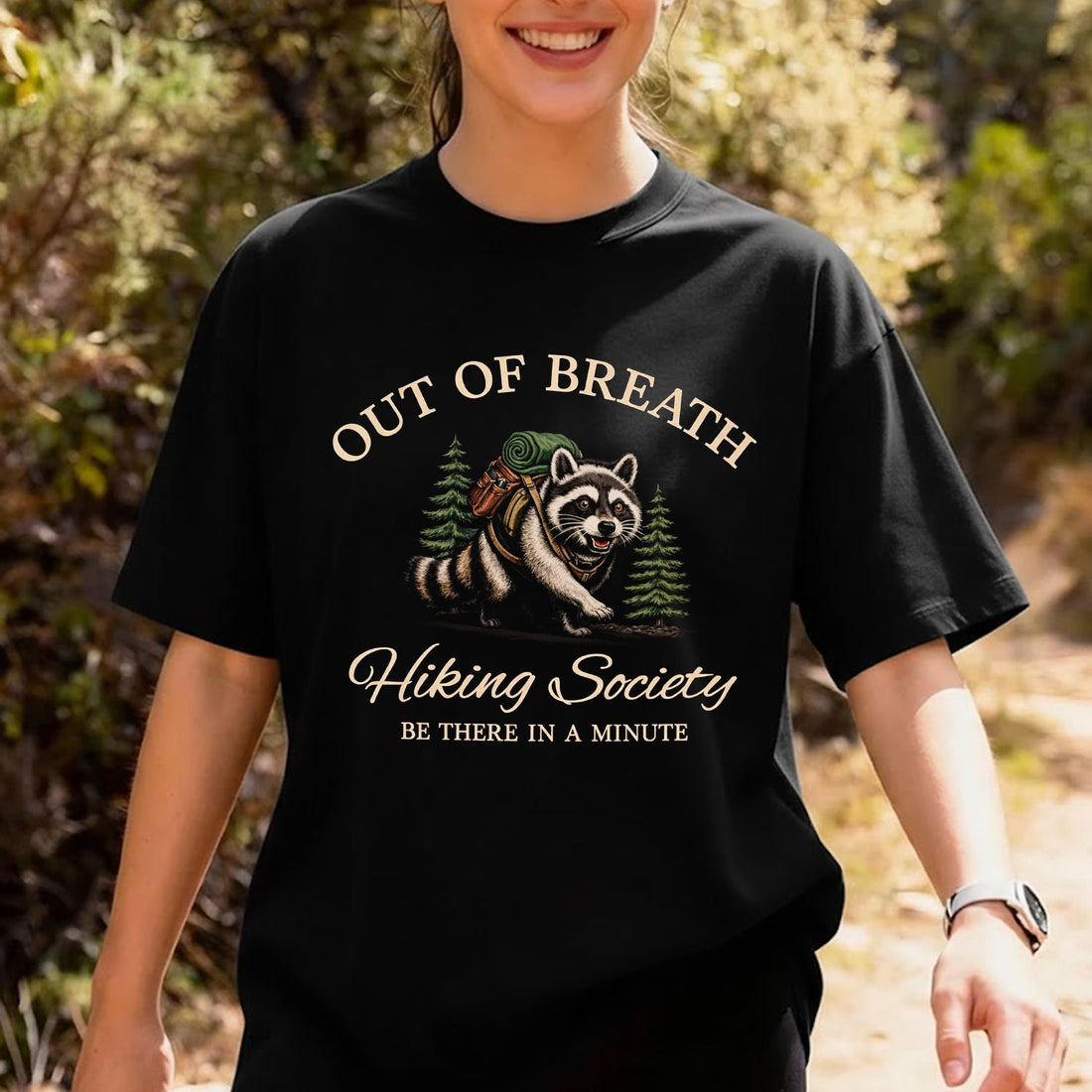 Out of Breath Hiking Society T-Shirt – Funny Raccoon Backpacker Graphic Tee, Hiking Humor Outdoor Adventure Shirt