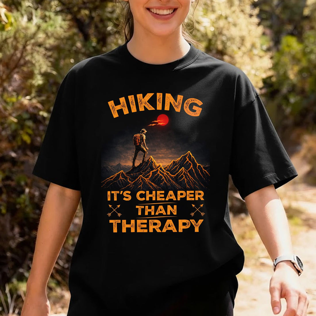 Hiking It’s Cheaper Than Therapy T-Shirt – Funny Hiking Quote Graphic Tee, Mountain Adventure Outdoor Shirt