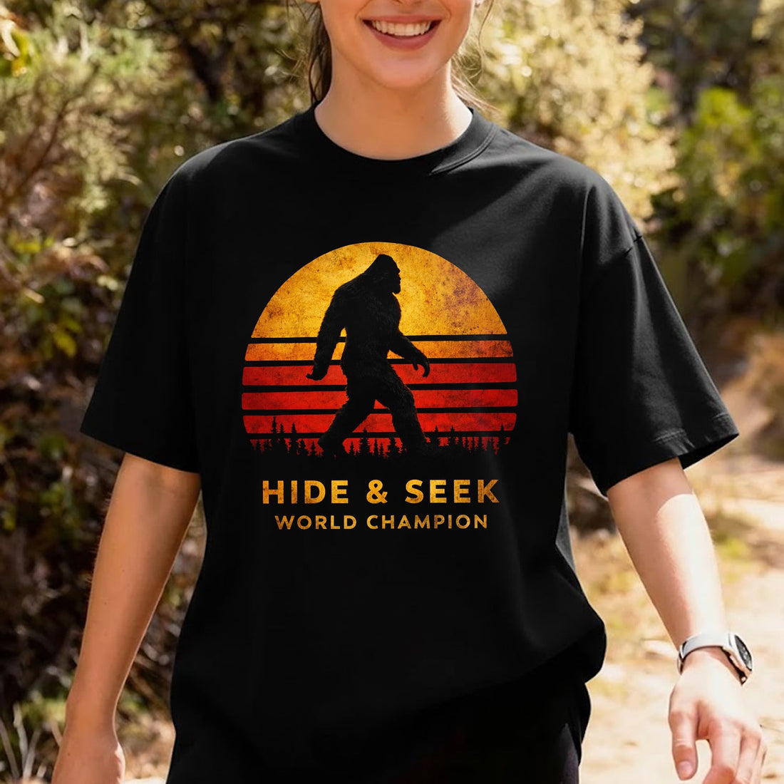 Hide & Seek World Champion Bigfoot T-Shirt – Vintage Sunset Sasquatch Graphic Tee, Funny Cryptid Humor Shirt for Outdoors Lovers
