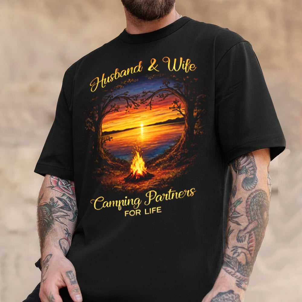 Husband and Wife Camping Partners for Life T-Shirt – Romantic Campfire Sunset Graphic Tee, Couples Outdoor Love Apparel