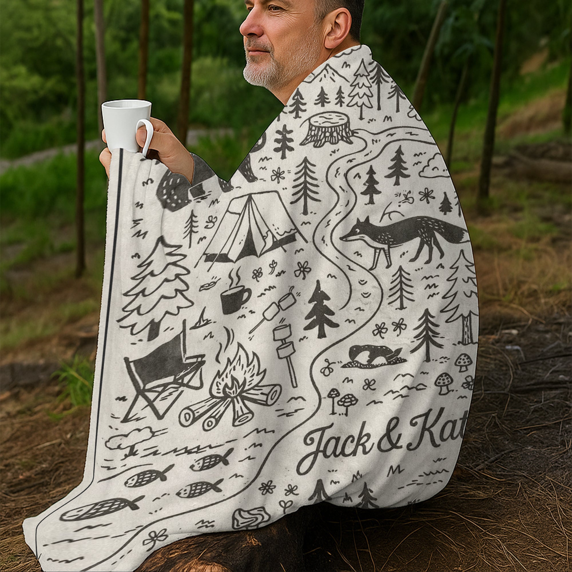 Personalized Camping Couple Blanket – Custom Name Forest Adventure Throw Gift