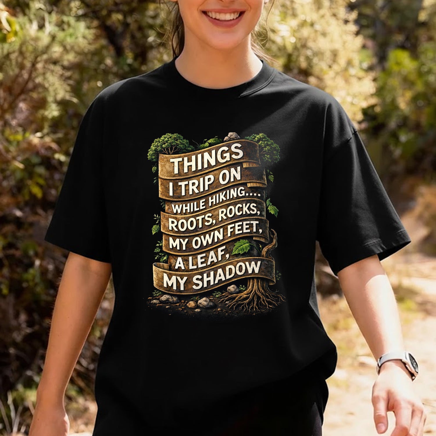 Things I Trip On While Hiking T-Shirt – Funny Hiking Quote Graphic Tee, Outdoor Trail Humor Shirt