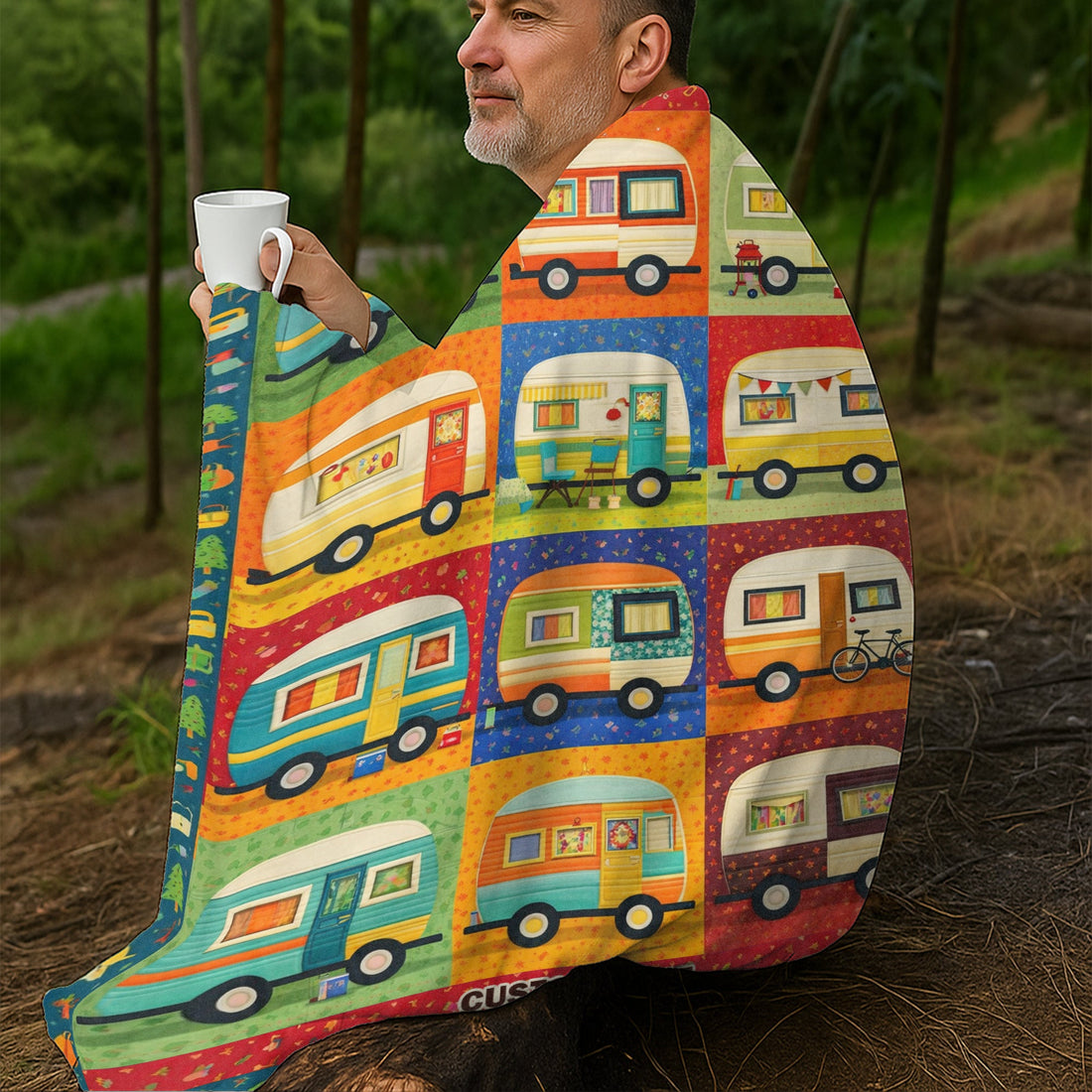 Personalized Camper Patchwork Blanket – Custom Name Camping Quilt, Cozy RV Gift