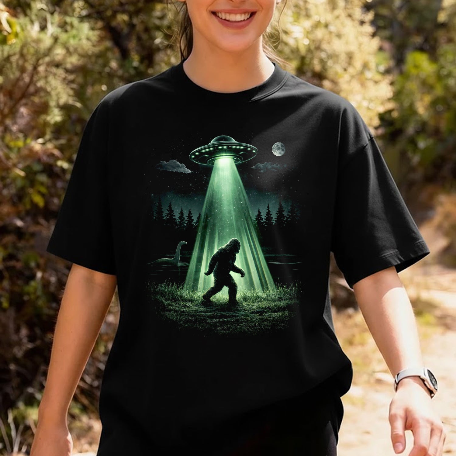 UFO Abduction Bigfoot T-Shirt – Sasquatch Alien Encounter Graphic Tee, Sci-Fi Cryptid Night Forest Shirt