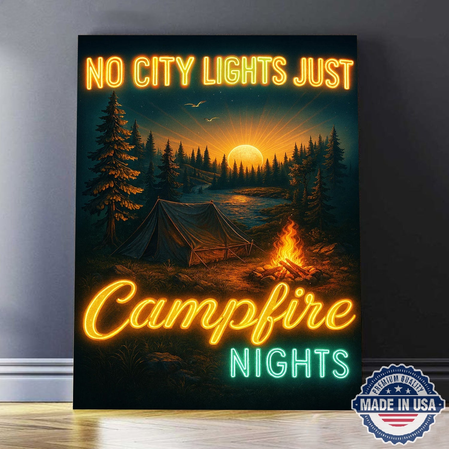 No City Lights Just Campfire Nights Canvas Wall Art – Neon Camping Quote with Forest Lake Sunset, Cozy Outdoor Adventure Home Decor