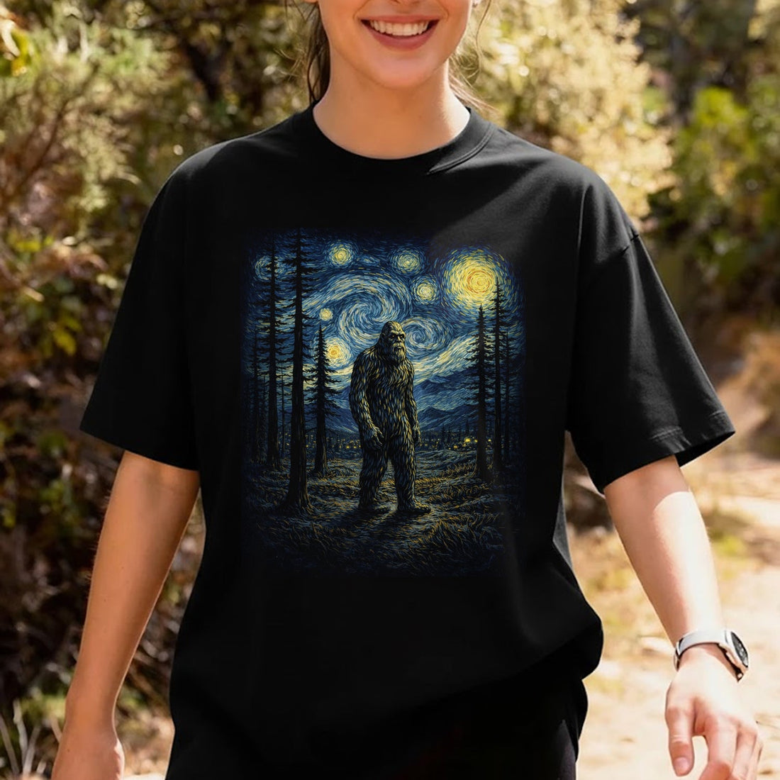 Starry Night Bigfoot T-Shirt – Van Gogh Style Sasquatch Art Graphic Tee, Artistic Cryptid Night Sky Shirt