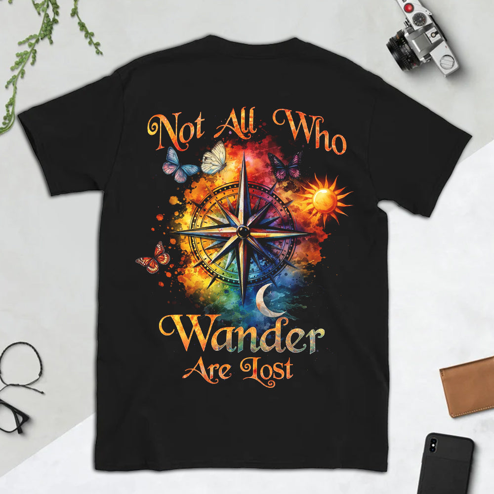 Not All Who Wander Are Lost Colorful Compass T-Shirt, Boho Celestial Travel Graphic Tee, Spiritual Adventure Wanderlust Shirt for Women