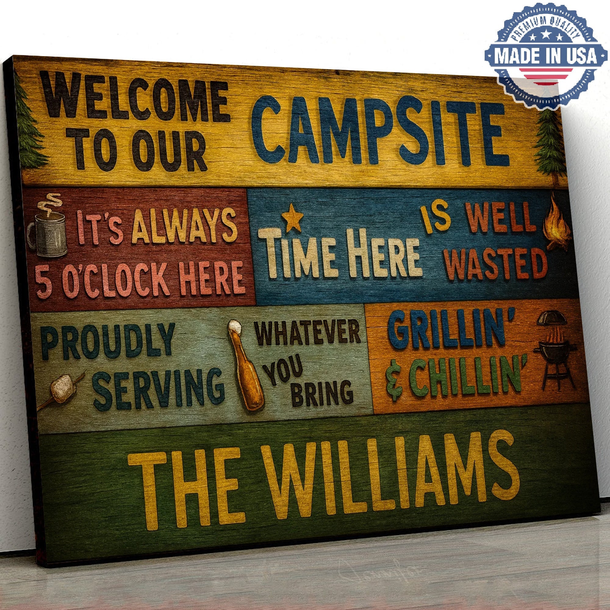 Personalized Welcome Campsite Canvas – Funny Camping Family Name Wall Art Rustic Outdoor Decor