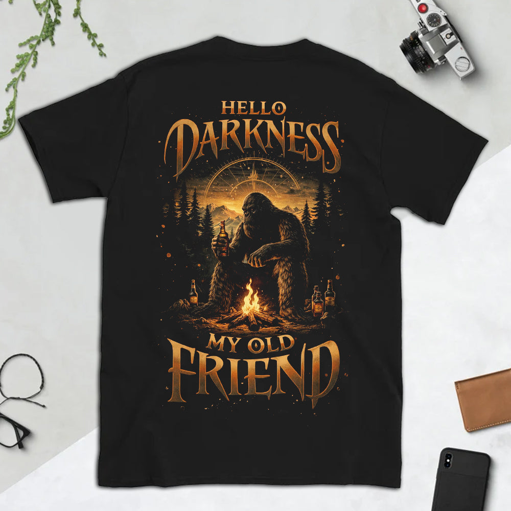 Hello Darkness My Old Friend Bigfoot T-Shirt – Funny Sasquatch Campfire Whiskey Graphic Tee, Dark Humor Outdoor Vintage Shirt