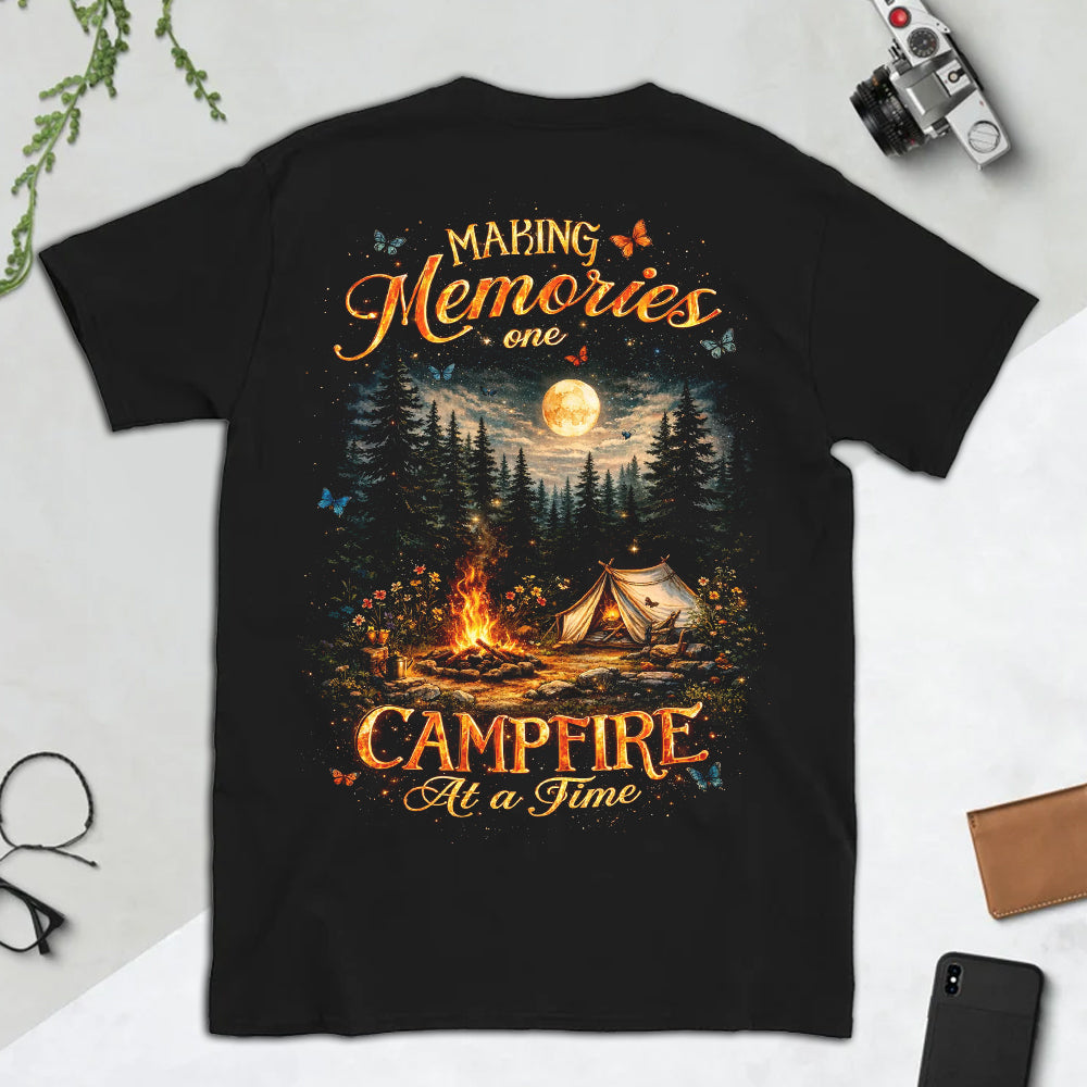 Making Memories One Campfire At A Time Forest Night T-Shirt, Moonlight Tent Campfire Graphic Tee, Cozy Wilderness Camping Shirt for Women