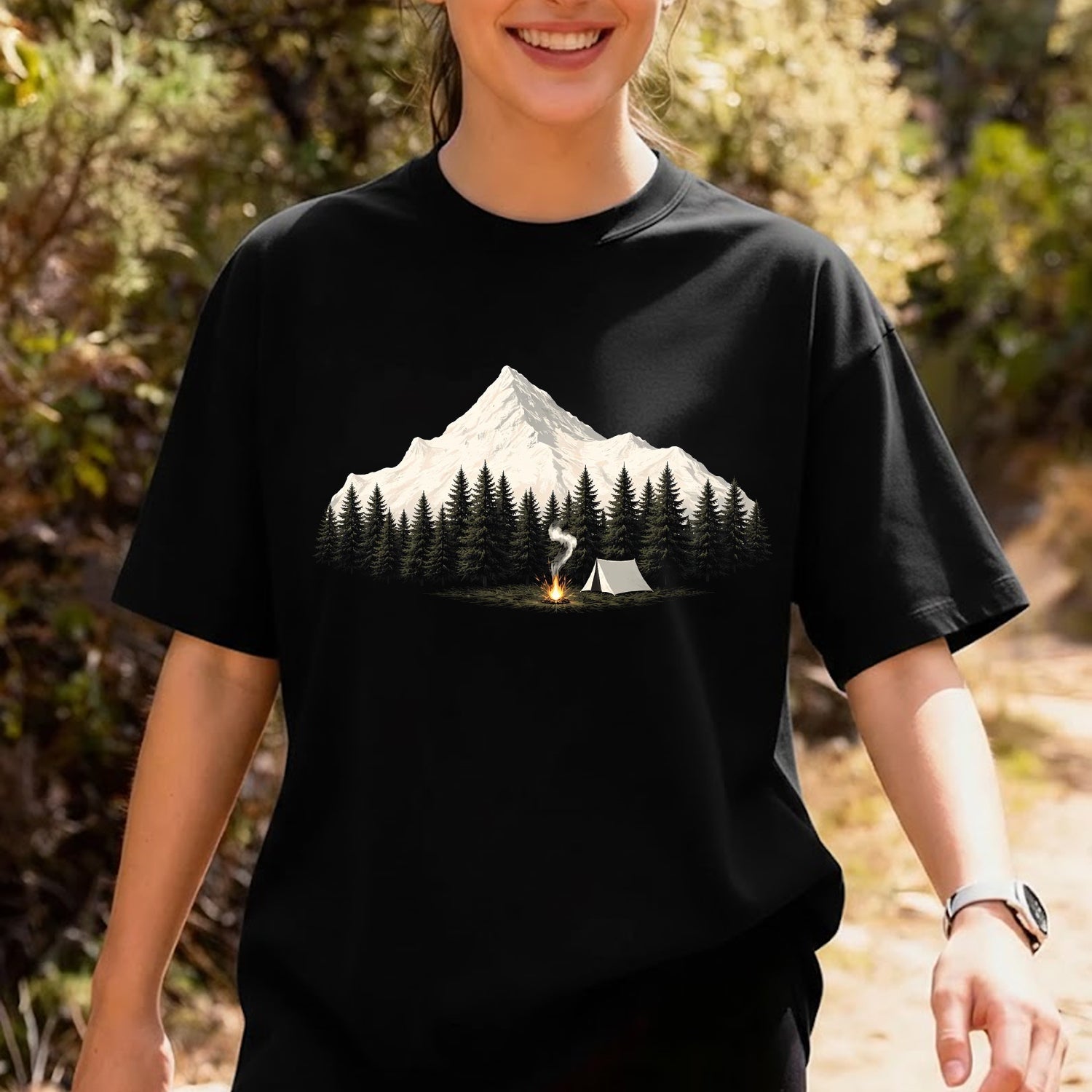Minimalist Mountain Campfire Camping Graphic T-Shirt