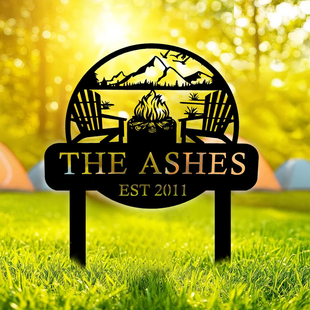 Personalized Metal Campfire Sign – Custom Family Camping Sign with Name & Year – Rustic Outdoor Fire Pit Yard Decor