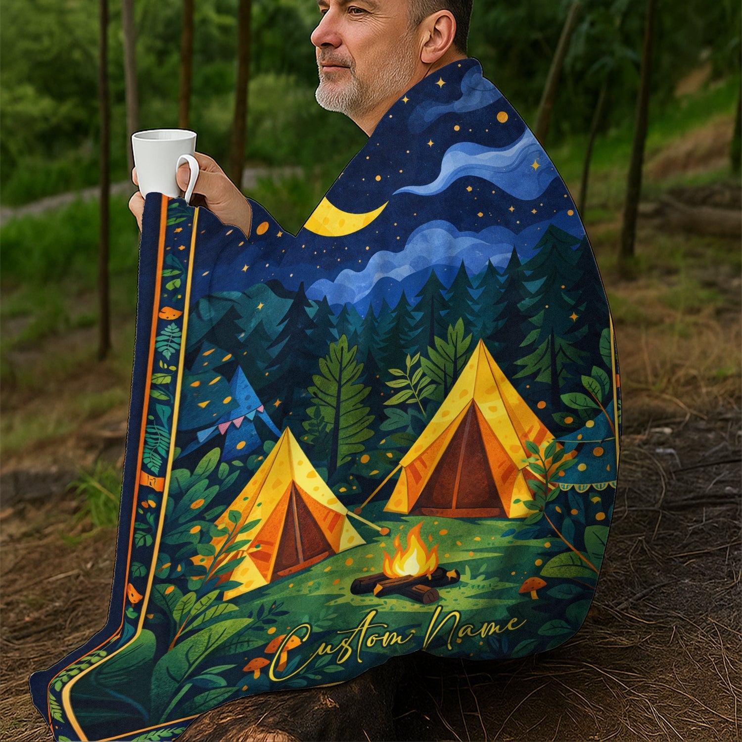 Personalized Night Camping Fleece Blanket – Custom Moon & Tent Throw, Cozy Outdoor Gift for Camping Lovers