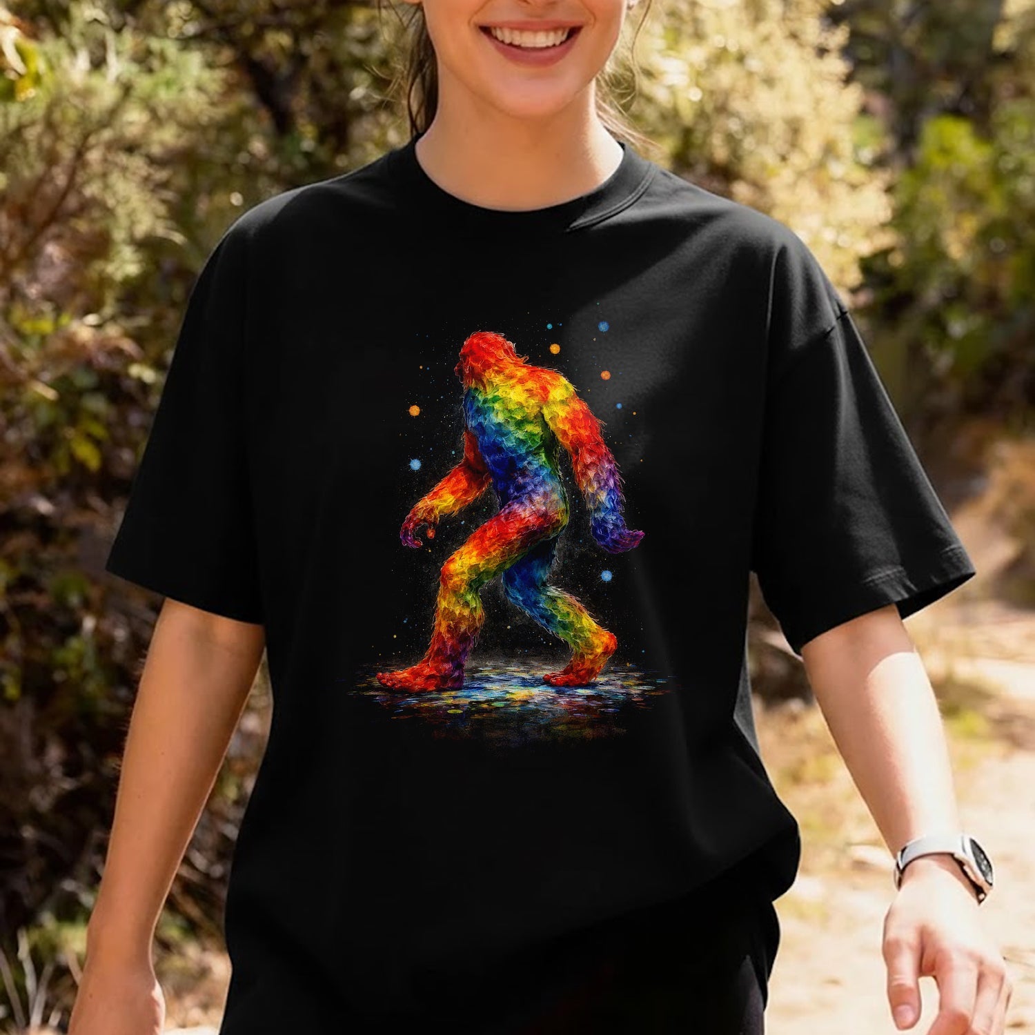 Rainbow Bigfoot T-Shirt – Colorful Sasquatch Art Graphic Tee, Abstract Pride Style Cryptid Shirt