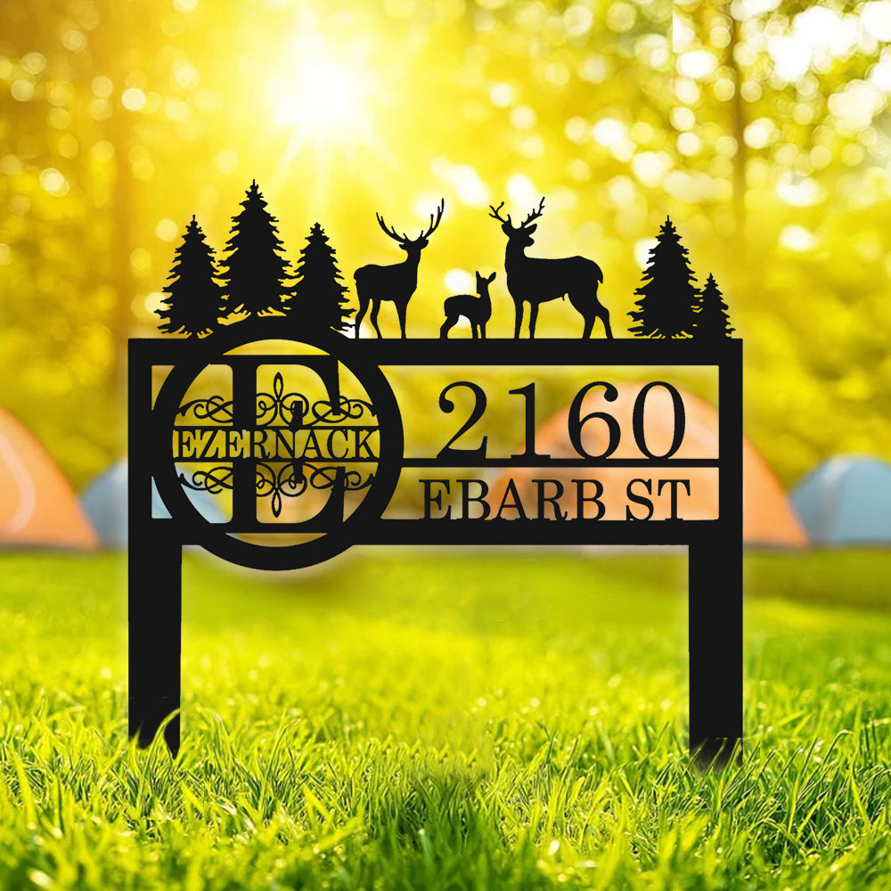 Personalized Metal Address Sign with Deer & Trees – Custom Outdoor Camping Yard Sign – Rustic Wildlife Home Address Plaque