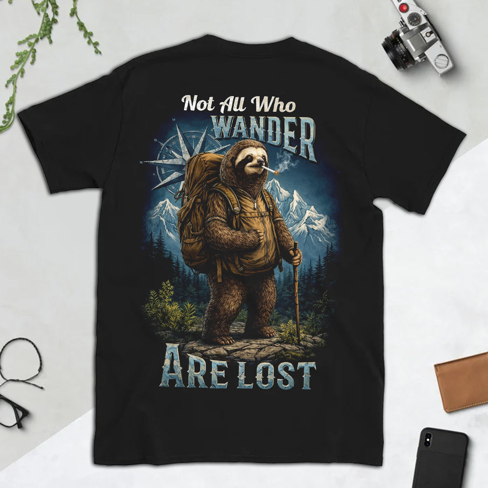 Not All Who Wander Are Lost Sloth Hiking T-Shirt, Adventure Sloth Backpack Graphic Tee, Funny Outdoor Travel Nature Shirt for Men