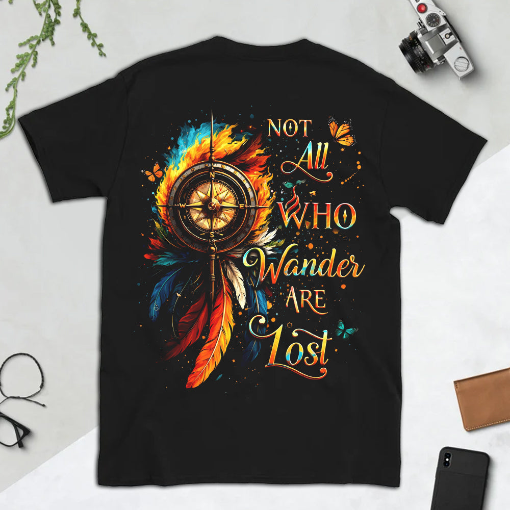 Not All Who Wander Are Lost Compass Feather T-Shirt, Boho Adventure Travel Graphic Tee, Wanderlust Nature Shirt for Women & Men