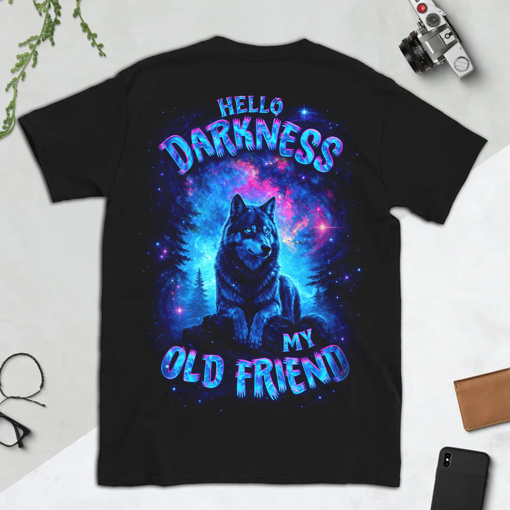 Hello Darkness My Old Friend T-Shirt – Neon Galaxy Wolf Graphic Shirt for Psychedelic Art Lovers, Night Aesthetic & Cosmic Nature Fans
