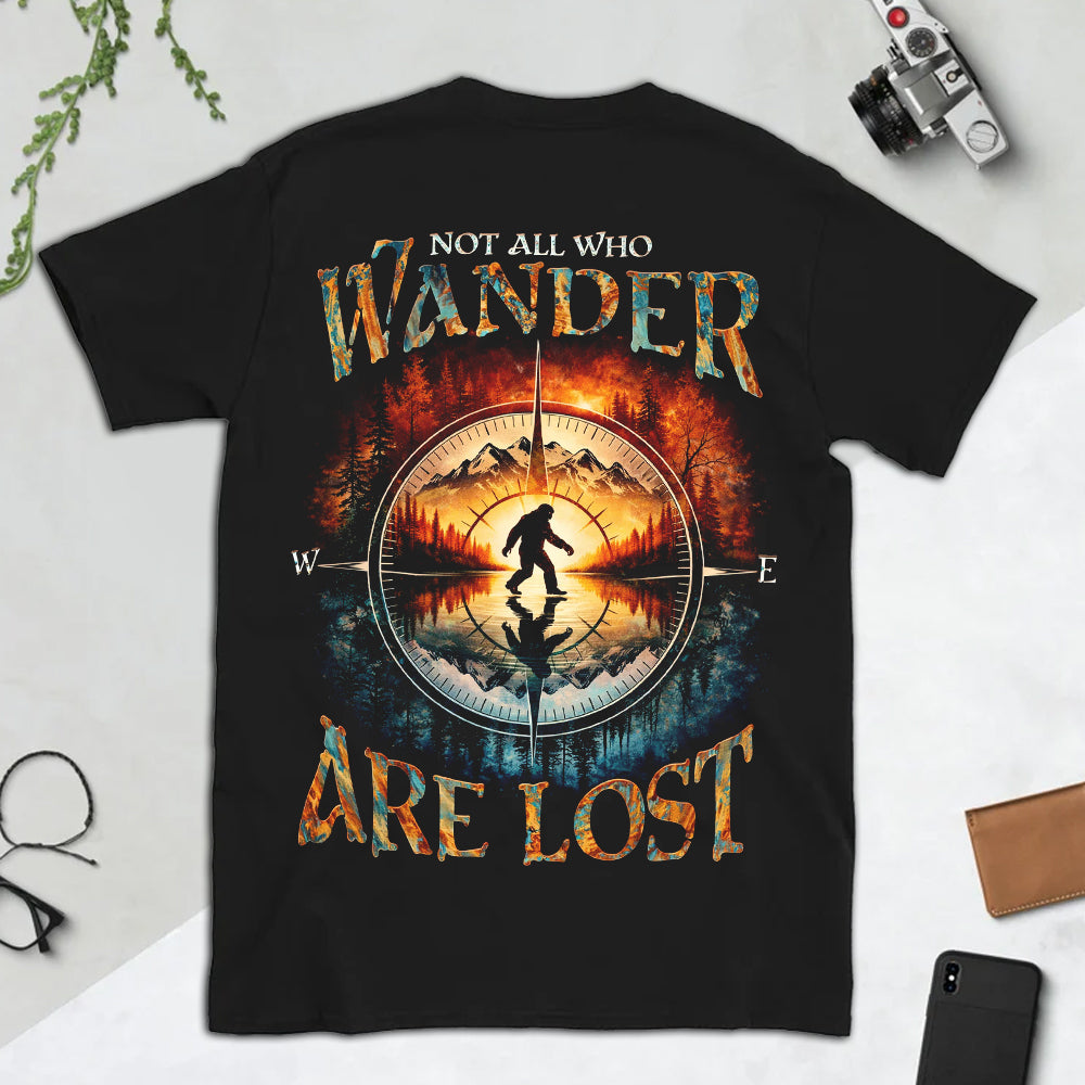 Not All Who Wander Are Lost Bigfoot T-Shirt – Sasquatch Compass Wilderness Graphic Tee, Mountain Reflection Forest Adventure Shirt, Outdoor Explorer Nature Apparel