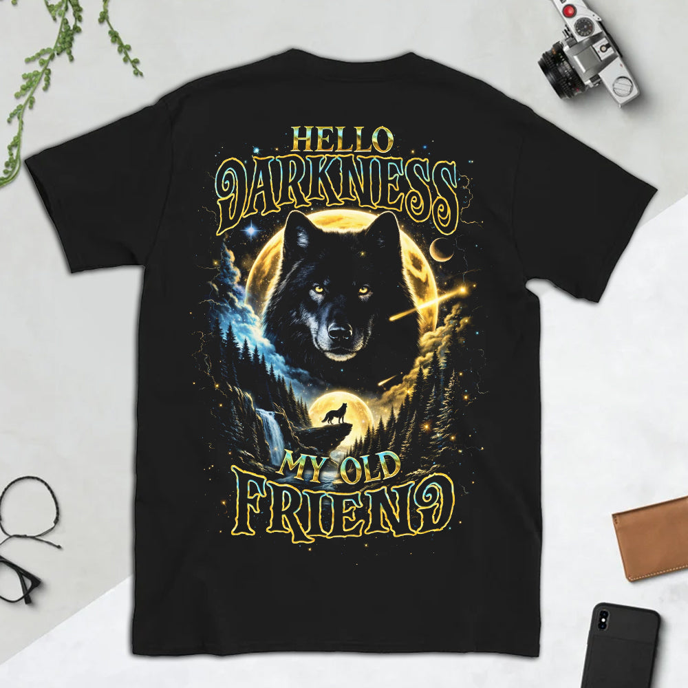 Hello Darkness My Old Friend T-Shirt – Mystic Wolf Moon Forest Graphic Shirt for Gothic Nature Lovers, Night Hiking & Wilderness Souls