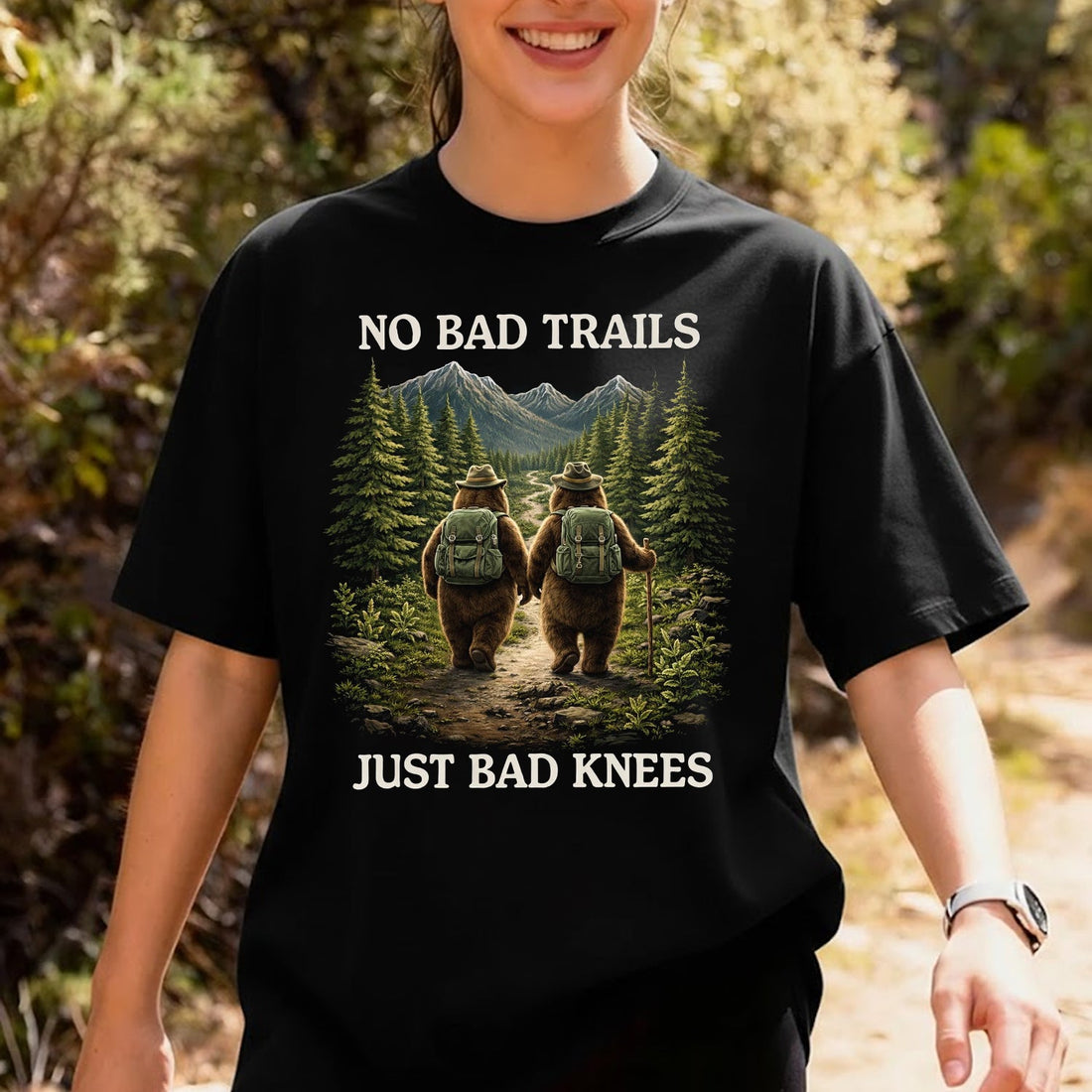 No Bad Trails Just Bad Knees Bear Hiking T-Shirt, Funny Mountain Backpack Adventure Tee, Outdoor Nature Lover Shirt
