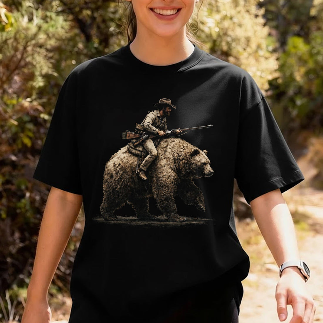 Cowboy Riding Bear T-Shirt – Vintage Western Hunter Graphic Tee
