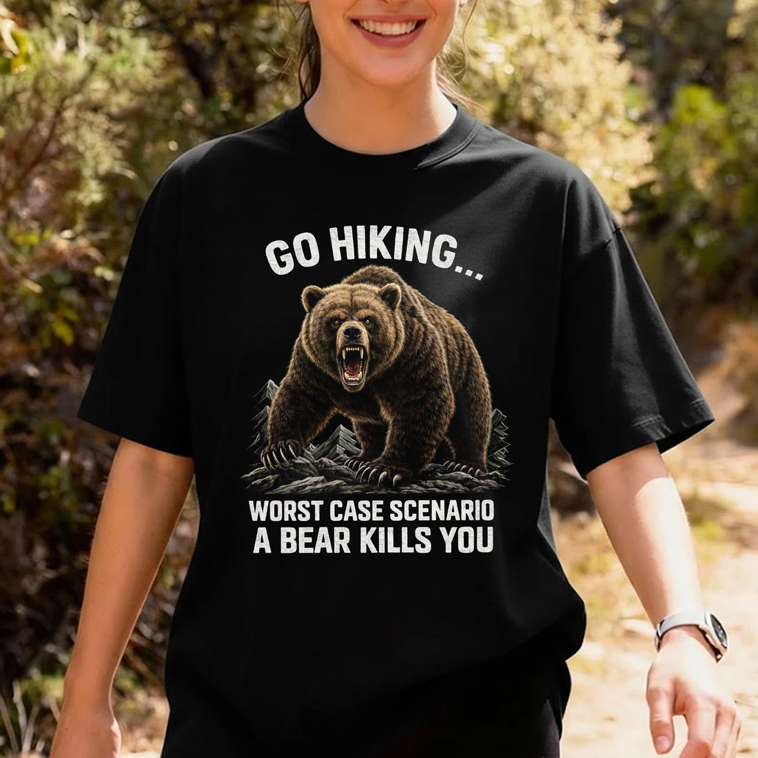 Go Hiking Worst Case Scenario Bear T-Shirt – Funny Grizzly Bear Graphic Tee, Dark Humor Outdoor Hiking Shirt