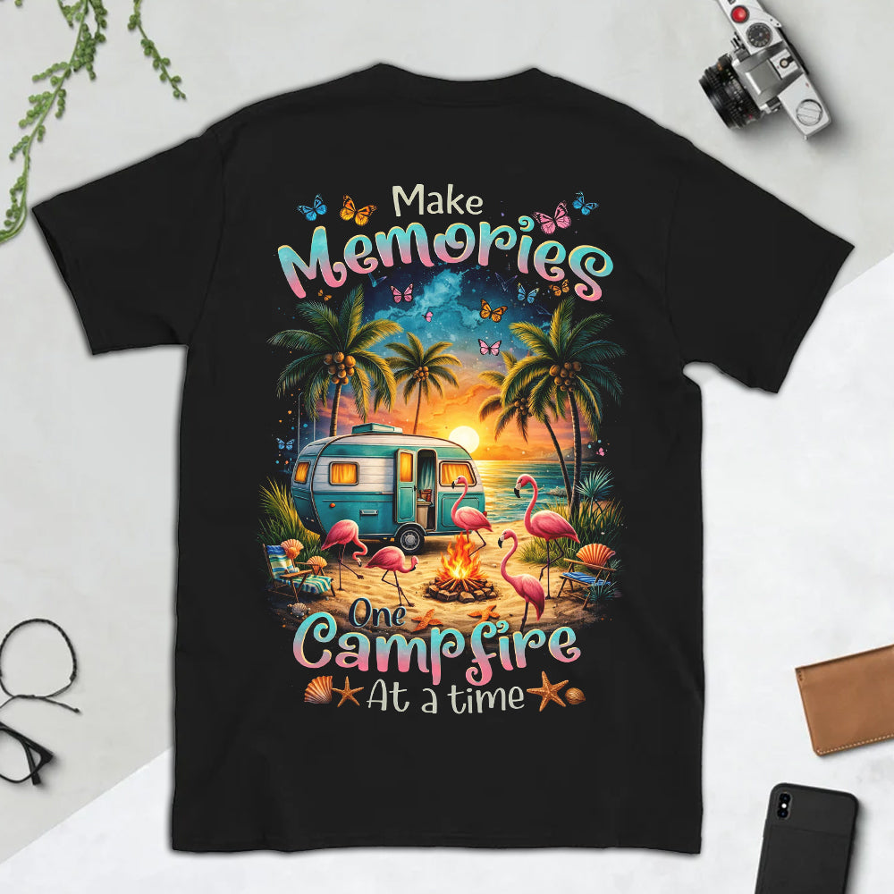 Make Memories One Campfire At A Time Beach Camping T-Shirt, Flamingo RV Sunset Graphic Tee, Summer Coastal Camper Shirt for Women
