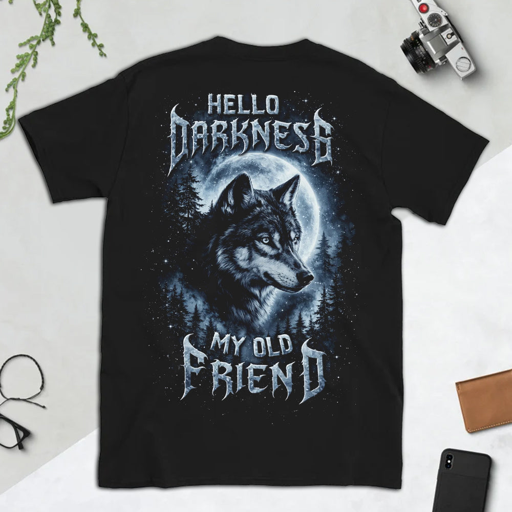 Hello Darkness My Old Friend T-Shirt – Gothic Wolf Moon Graphic Shirt for Night Lovers, Dark Aesthetic & Wilderness Spirit Fans